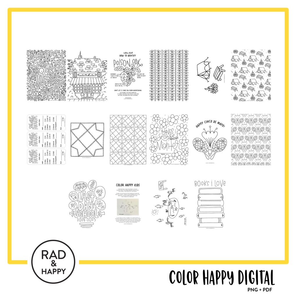 A digital collage of coloring pages with a yellow border