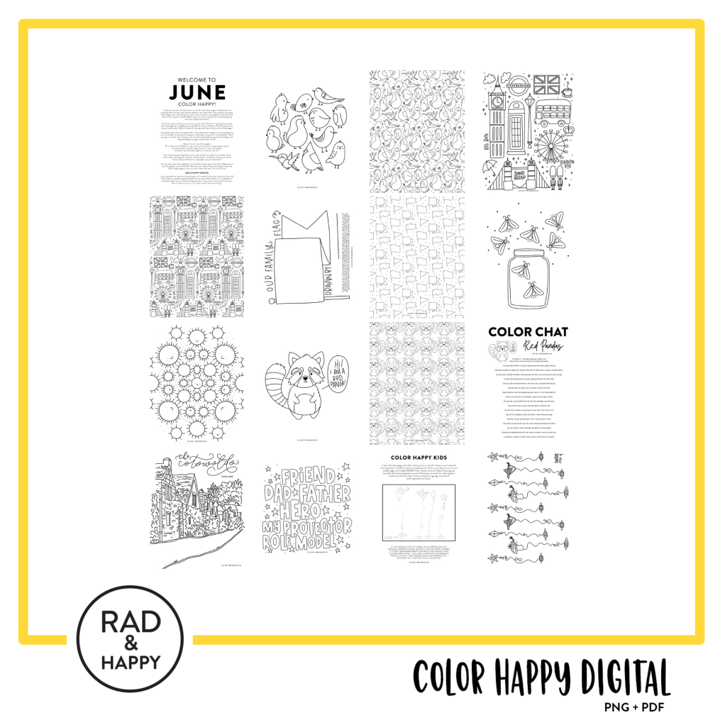 A digital collage of coloring pages with a yellow border