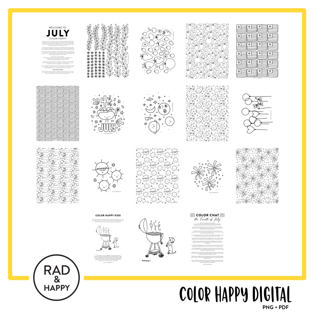 A digital collage of coloring pages with a yellow border