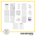 A digital collage of coloring pages with a yellow border