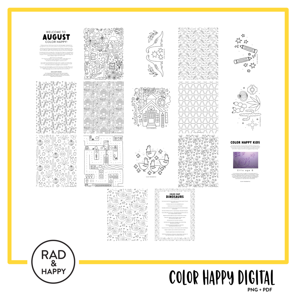 A digital collage of coloring pages with a yellow border