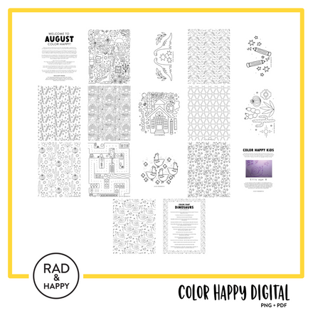 A digital collage of coloring pages with a yellow border