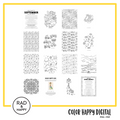 A digital collage of coloring pages with a yellow border