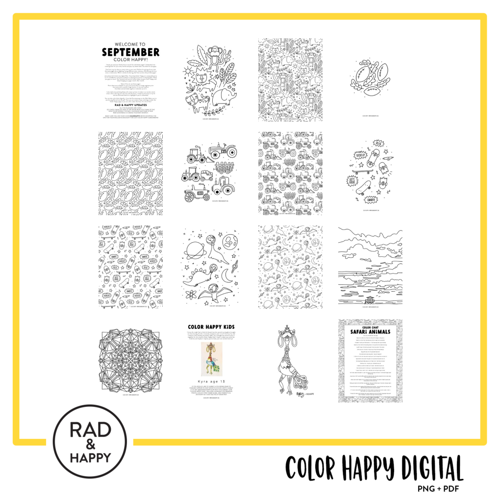 A digital collage of coloring pages with a yellow border