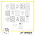 A digital collage of coloring pages with a yellow border