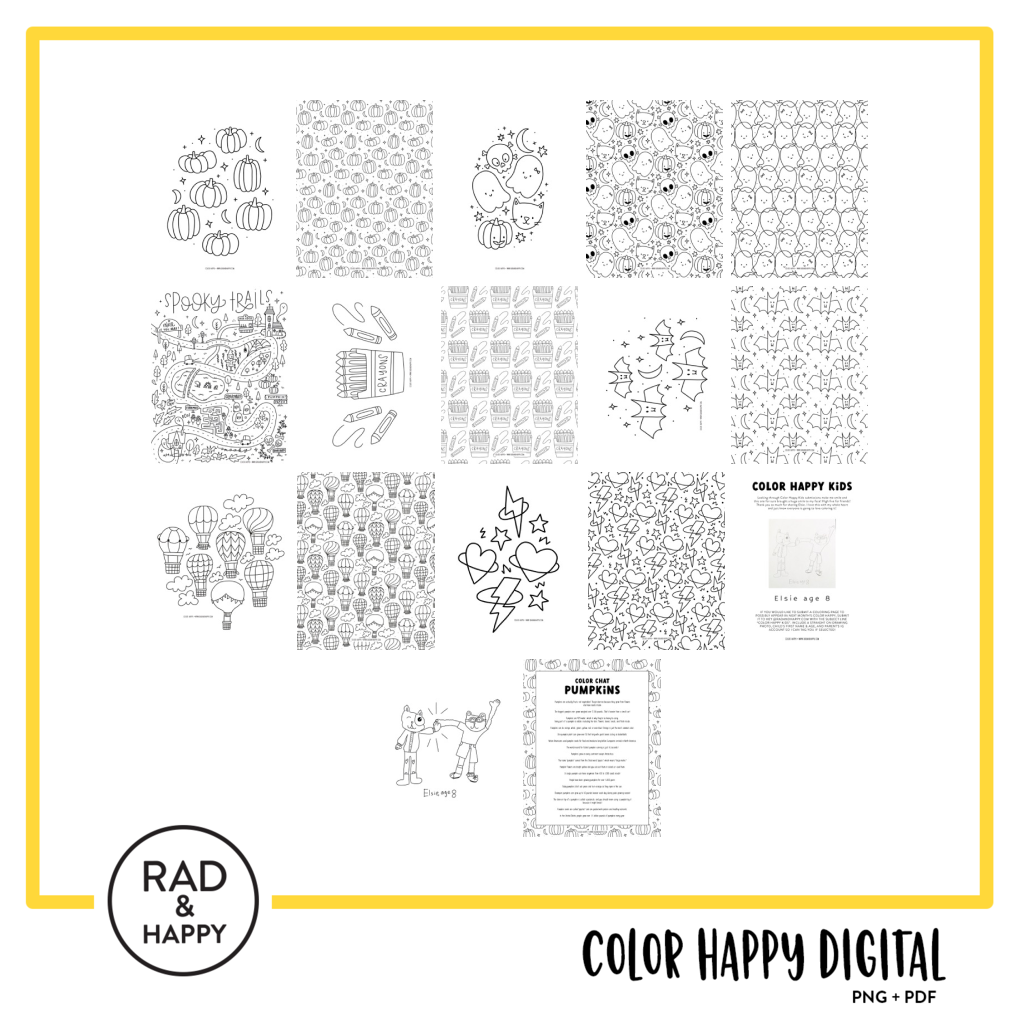 A digital collage of coloring pages with a yellow border