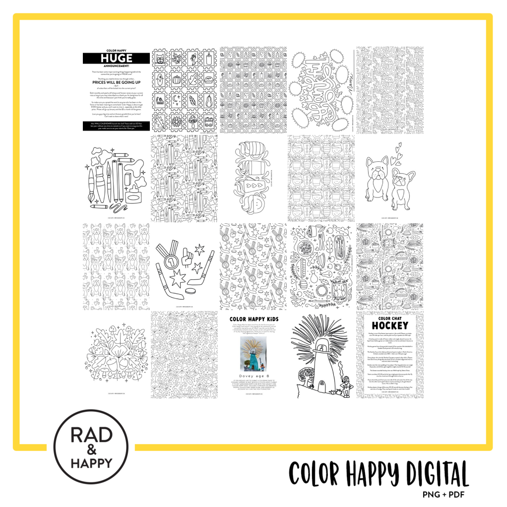 A digital collage of coloring pages with a yellow border