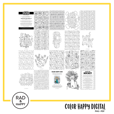 A digital collage of coloring pages with a yellow border
