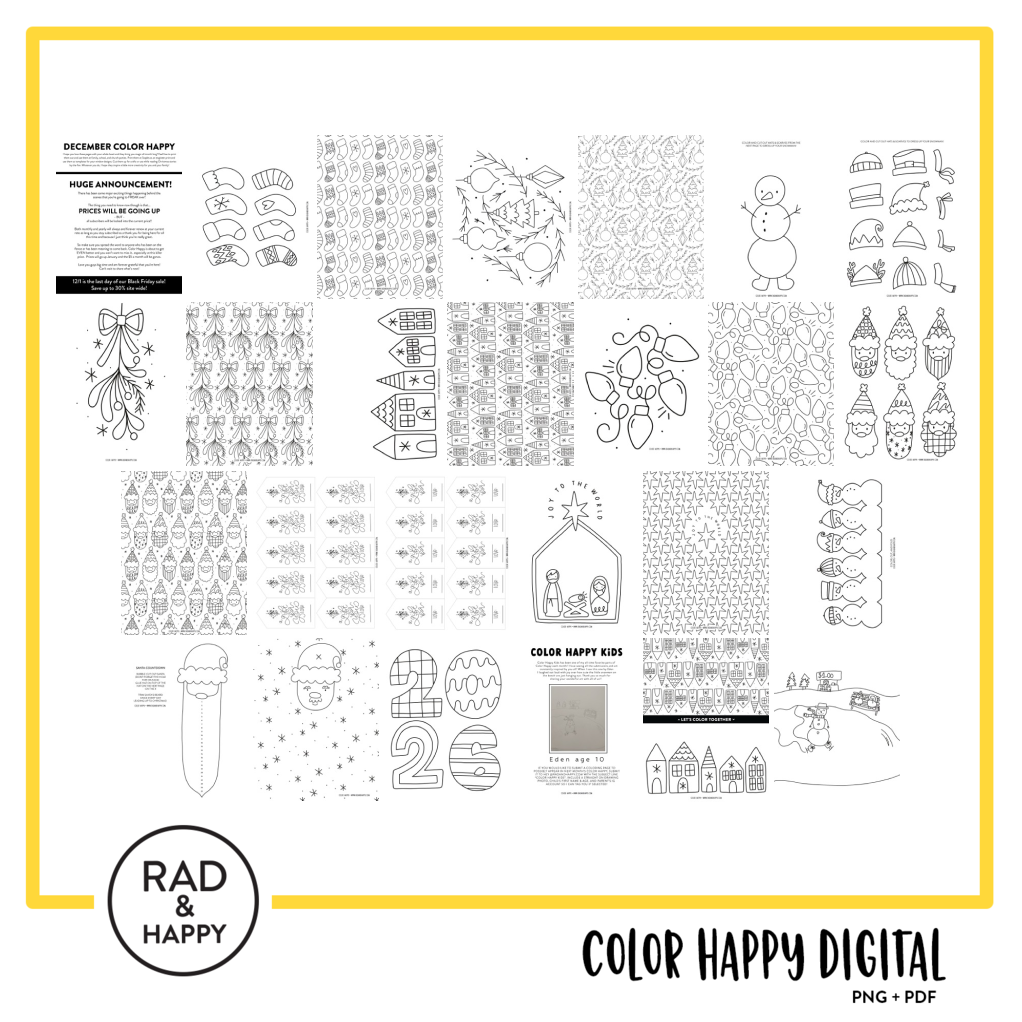 A digital collage of coloring pages with a yellow border