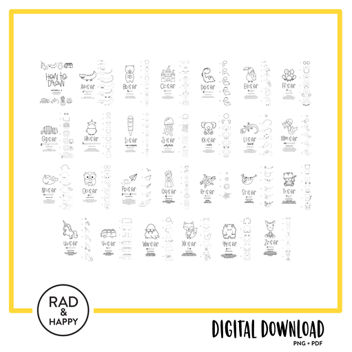 A preview of each how to draw page laid out in a grid, inside a yellow border with the rad and happy logo beneath and the text Digital Download PNG + PDF