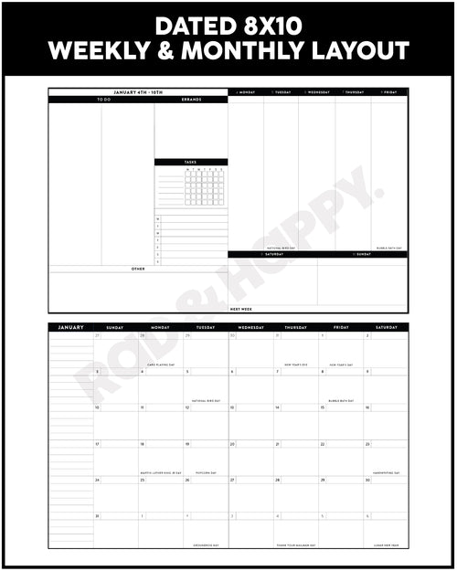 A black and white planner layout sheet showing a combined weekly and monthly calendar template. The top section displays a weekly layout for one week, and the bottom section displays a monthly layout for January through December, with a large diagonal 'NO CLIPPER' watermark across the center.