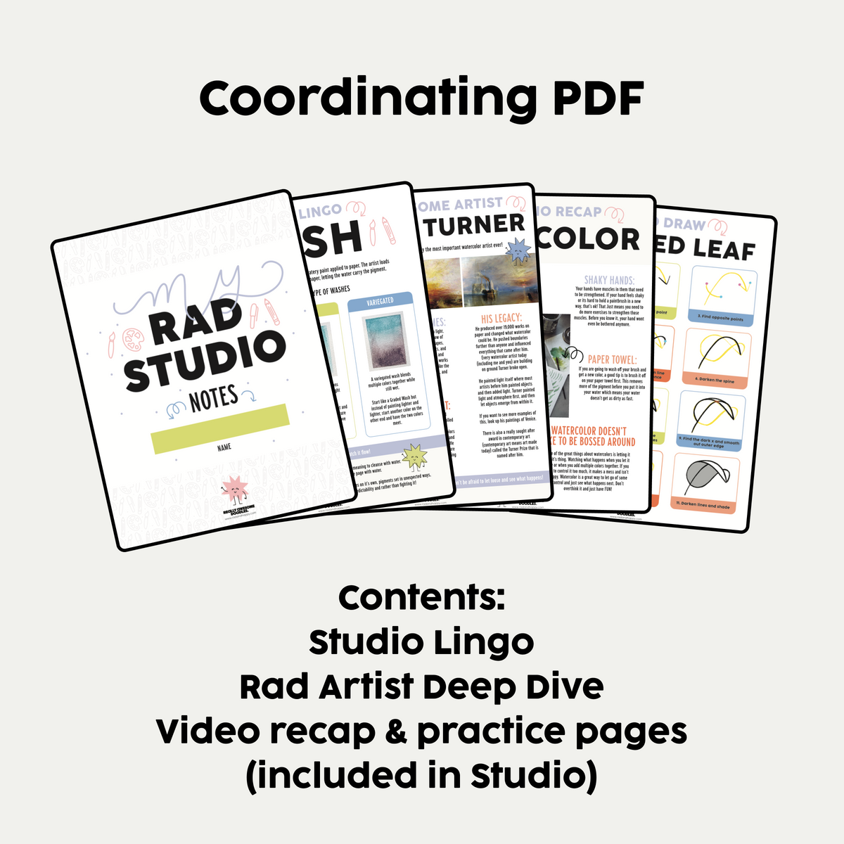 Promotional graphic for a digital PDF bundle titled 'Coordinating PDF' showing several sample pages from a 'Rad Studio' notebook set. The graphic lists included contents: Studio Lingo, Rad Artist Deep Dive, and video recap & practice pages.