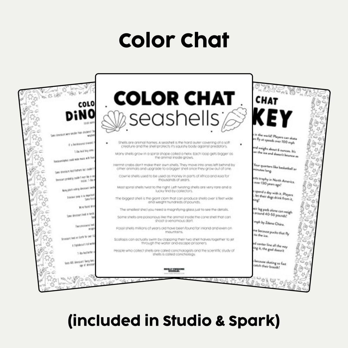 Three printed activity sheets titled 'Color Chat seashells' are shown on a light gray background, with the center sheet displaying the main activity text and the side sheets showing clues and a key. Text above and below reads 'color Chat' and '(included in studio & spark)'.