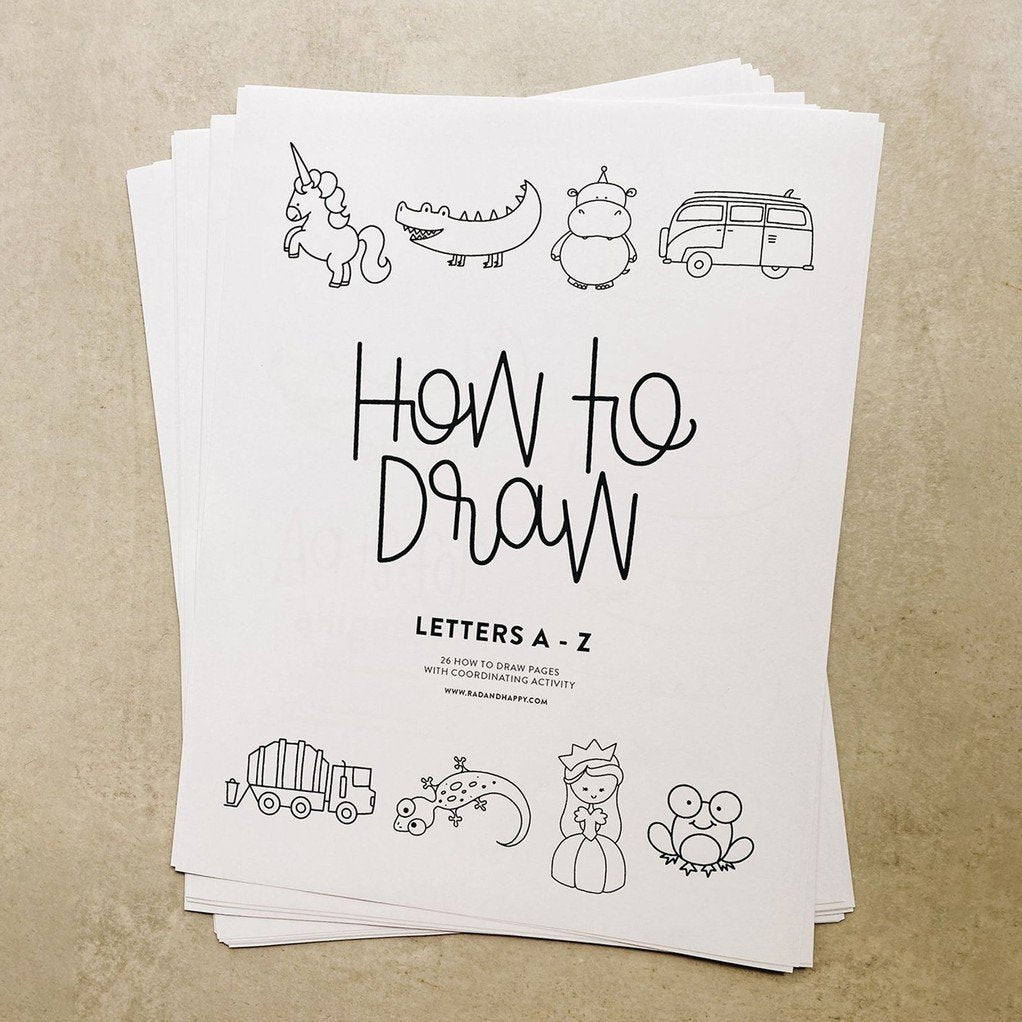 An image of the printed version of alphabet how to draw printables stacked showing the cover page which reads How to Draw