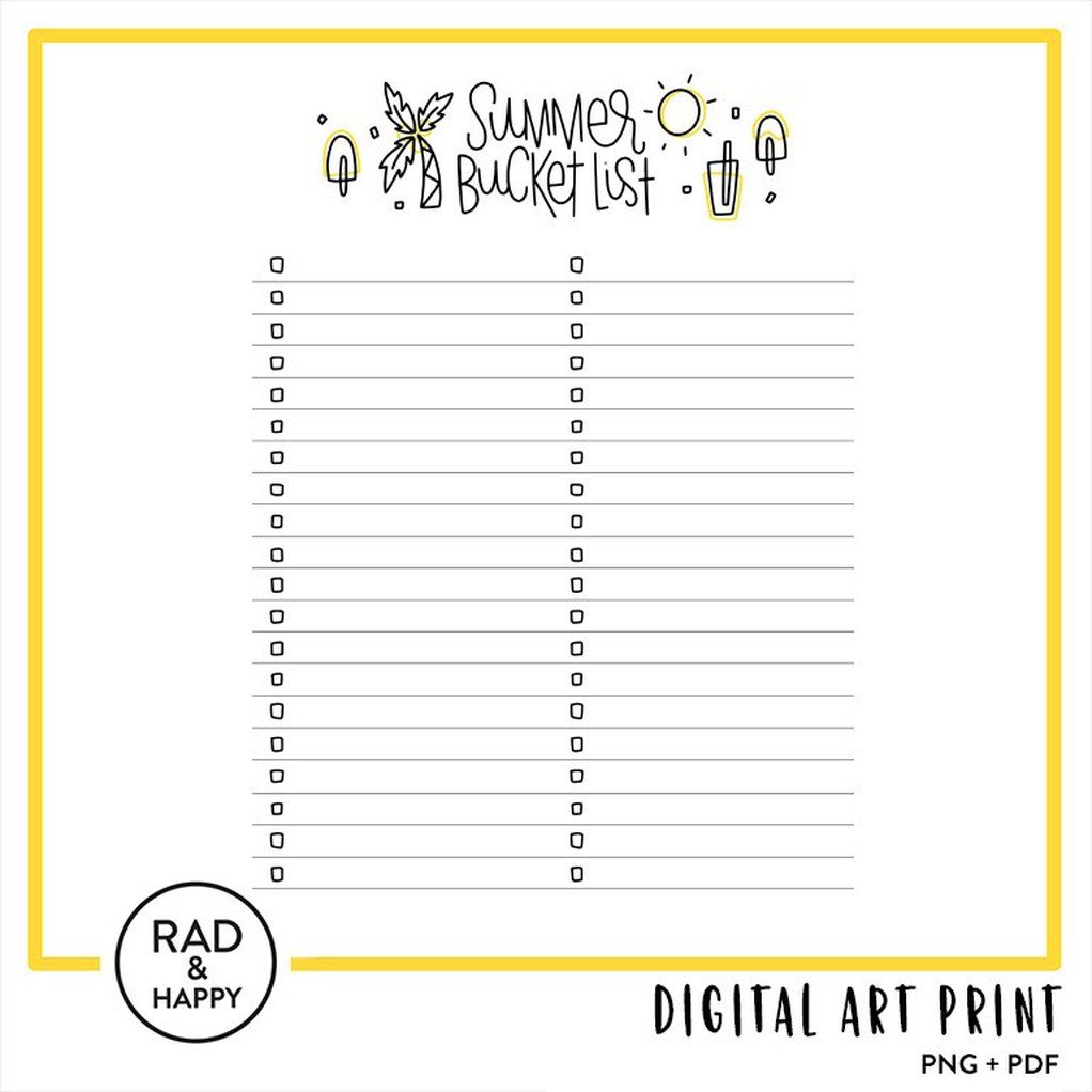 A printable summer bucket list with a check box on each blank line