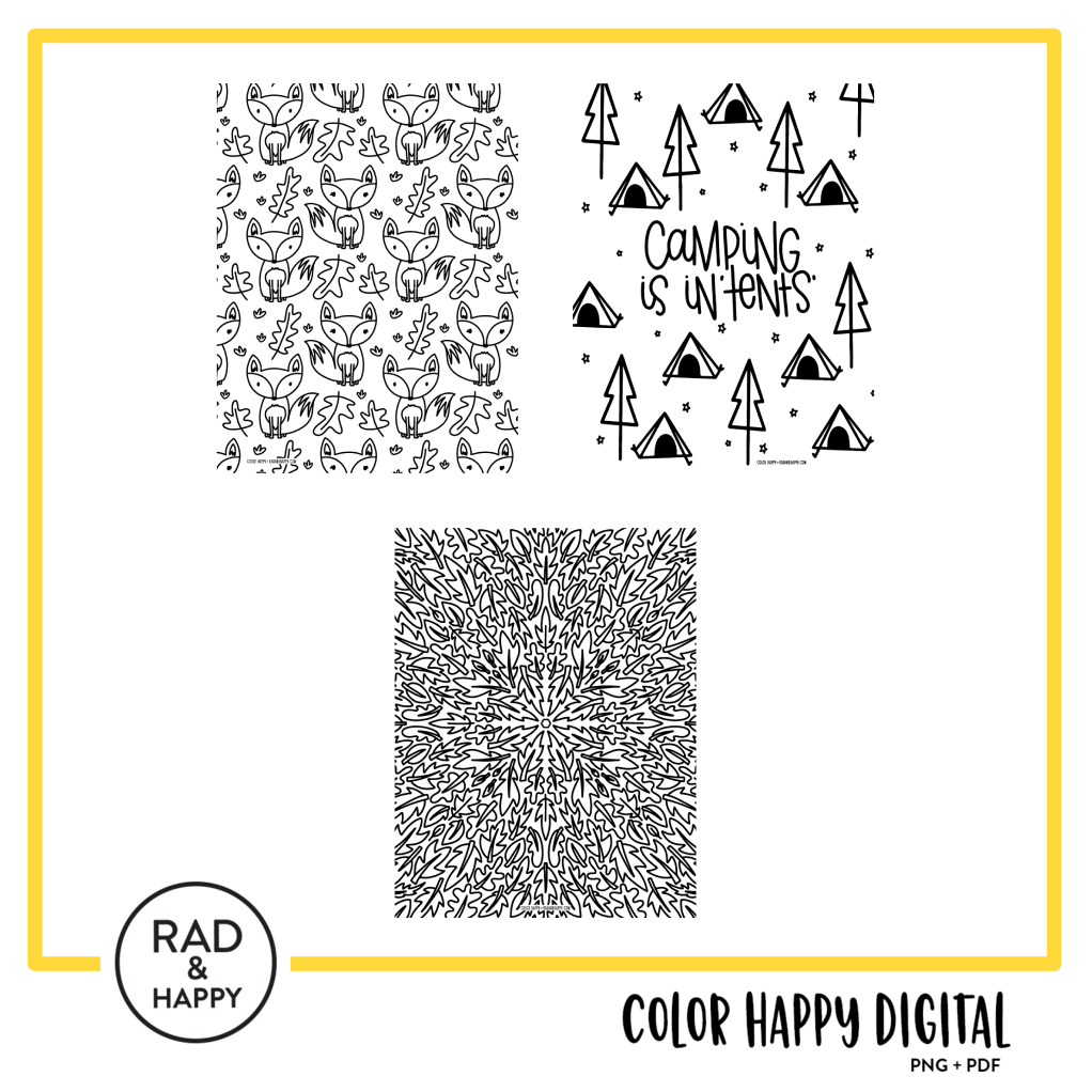 A digital collage of coloring pages with a yellow border