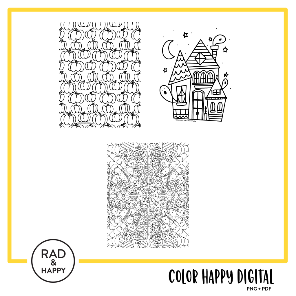 A digital collage of coloring pages with a yellow border