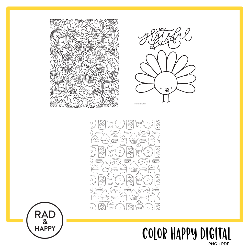 A digital collage of coloring pages with a yellow border
