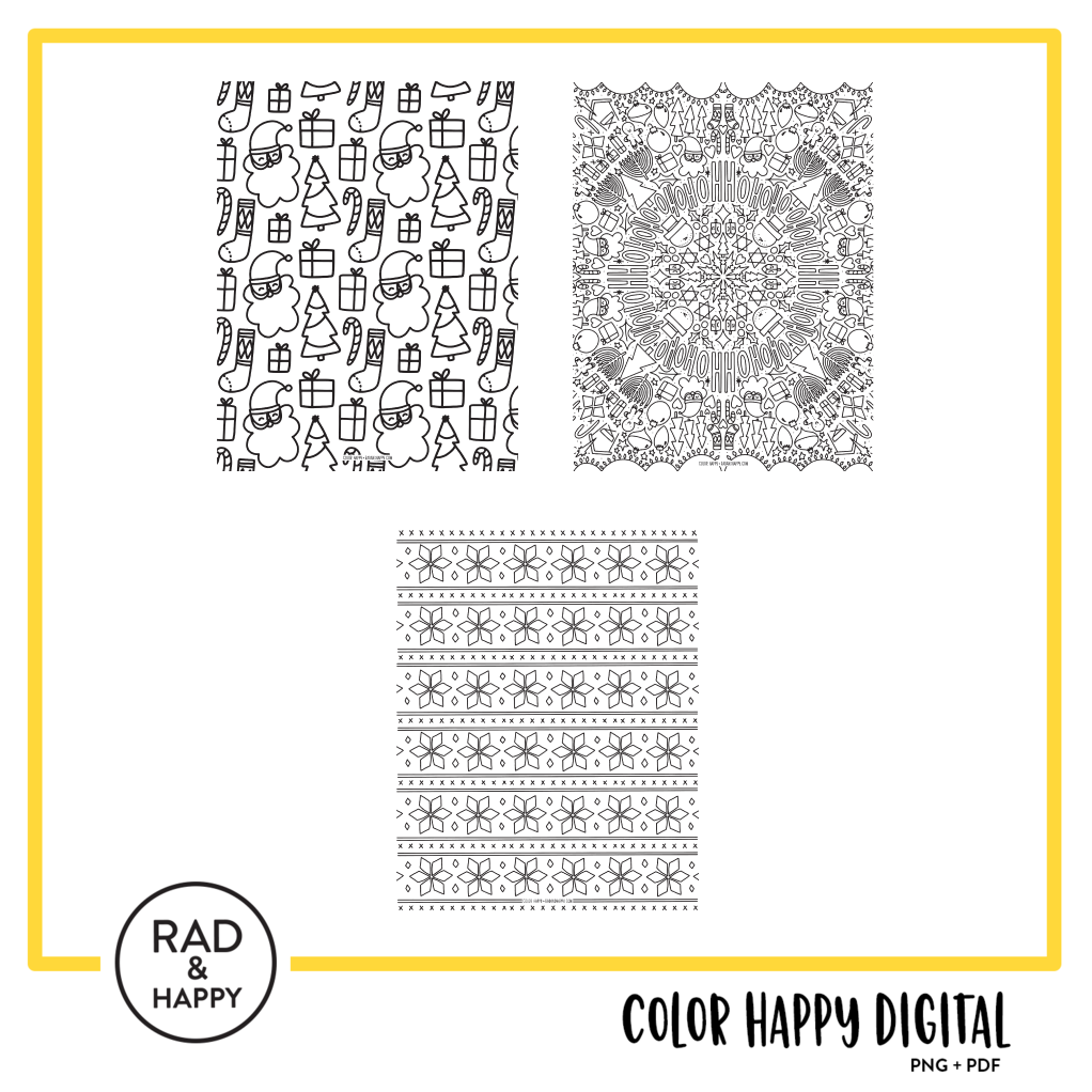A digital collage of coloring pages with a yellow border