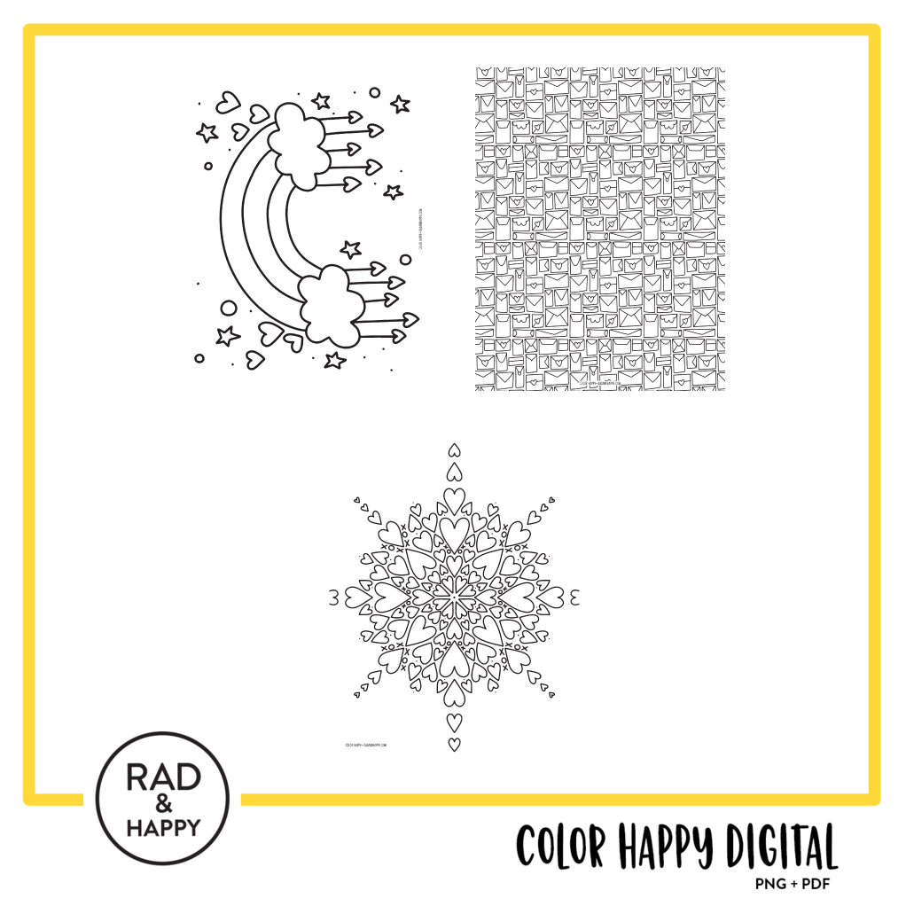 A digital collage of coloring pages with a yellow border