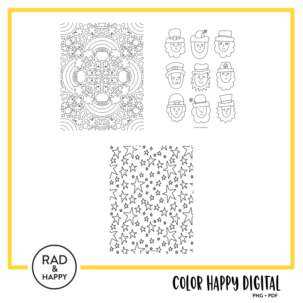 A digital collage of coloring pages with a yellow border