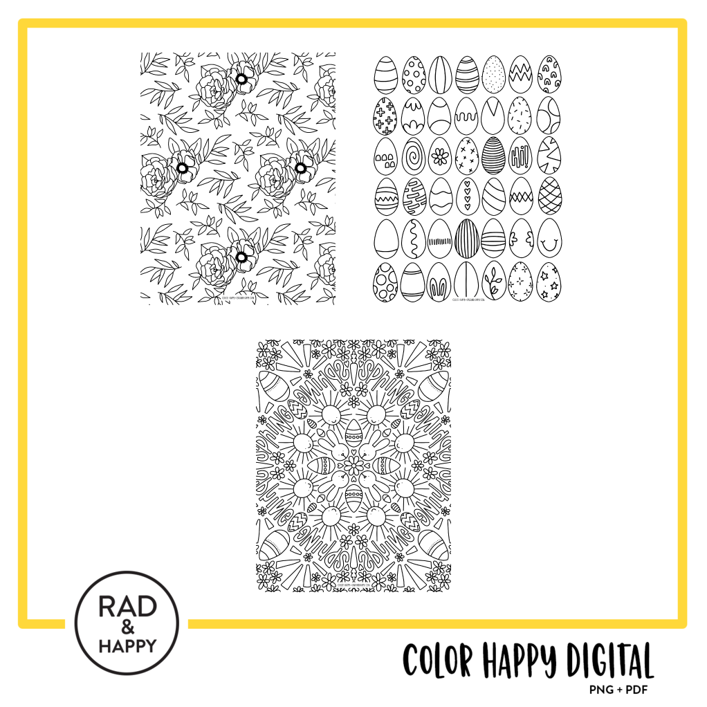 A digital collage of coloring pages with a yellow border