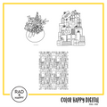 A digital collage of coloring pages with a yellow border