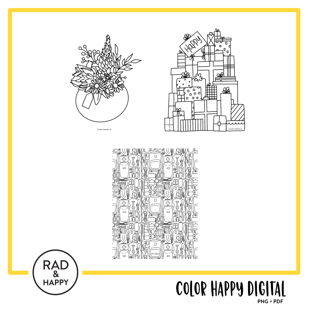 A digital collage of coloring pages with a yellow border