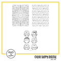 A digital collage of coloring pages with a yellow border