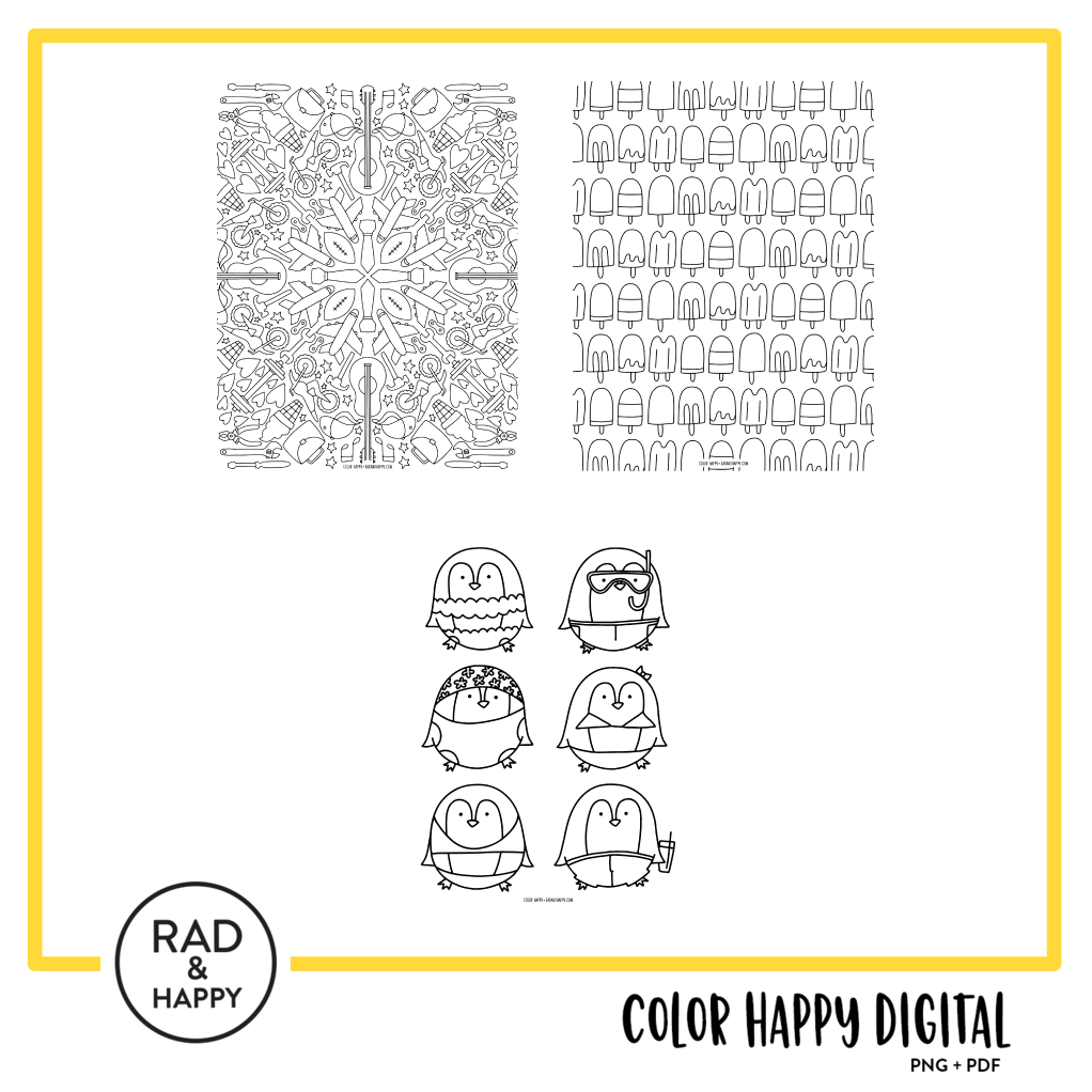 A digital collage of coloring pages with a yellow border