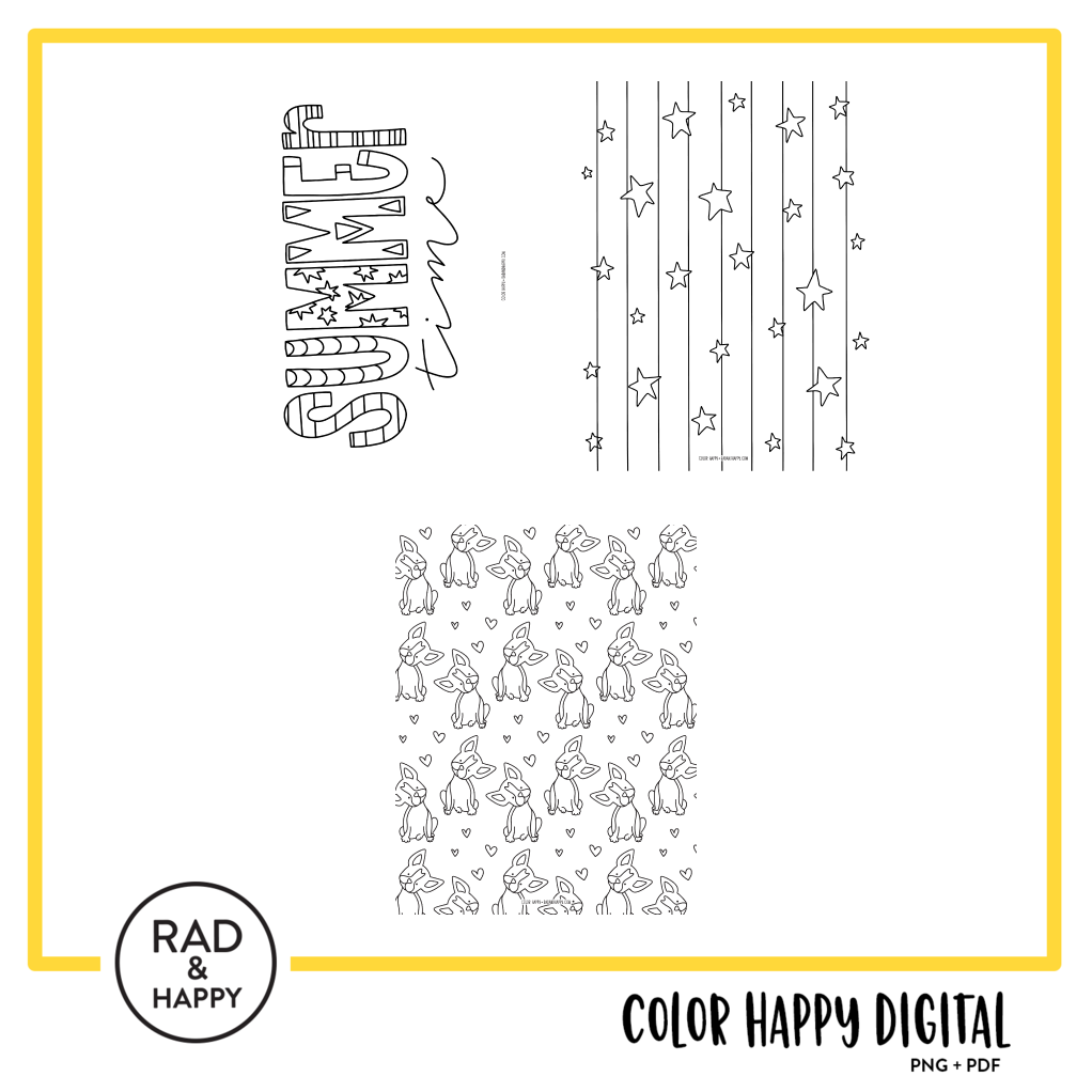 A digital collage of coloring pages with a yellow border