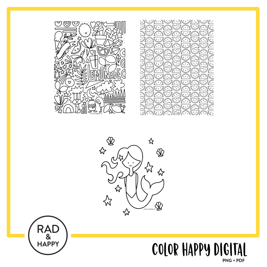 A digital collage of coloring pages with a yellow border