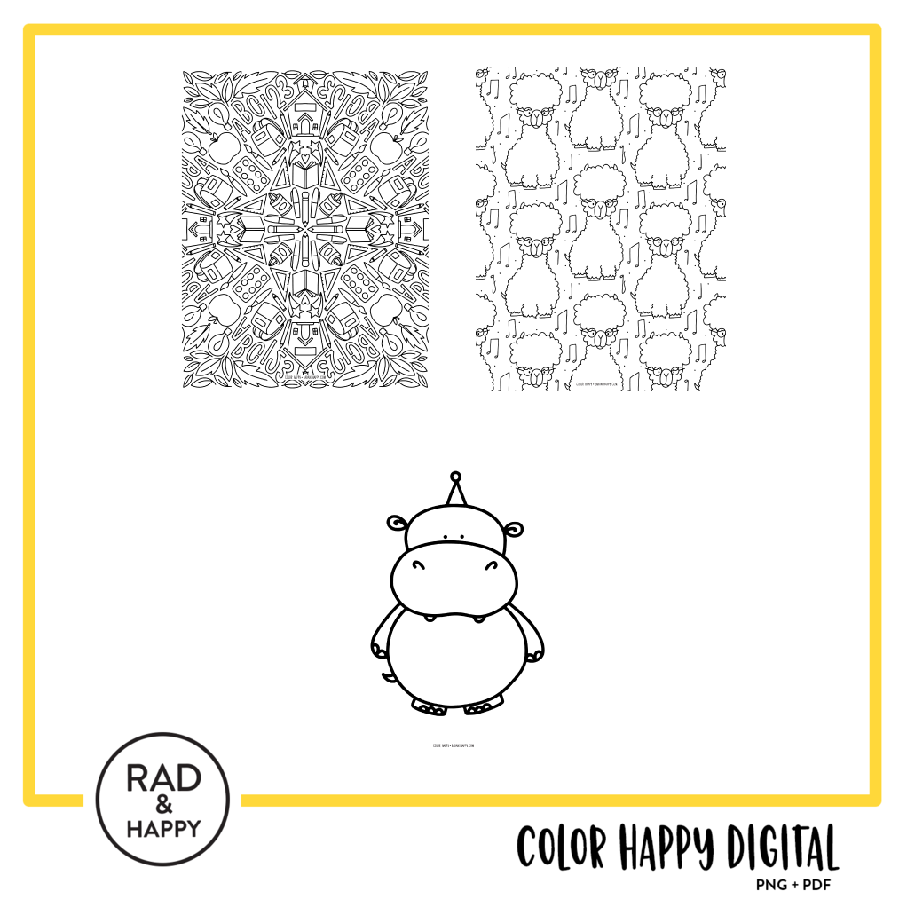 A digital collage of coloring pages with a yellow border