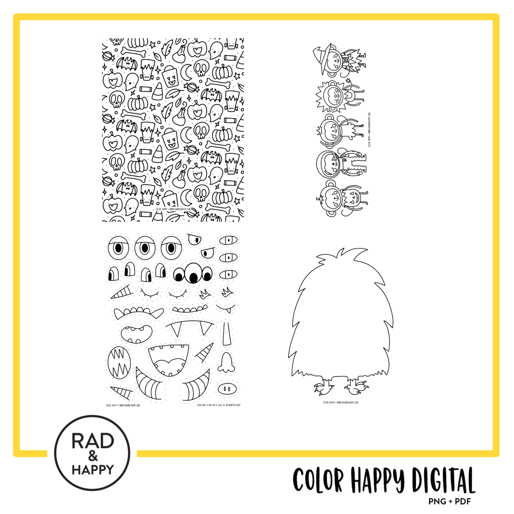 A digital collage of coloring pages with a yellow border
