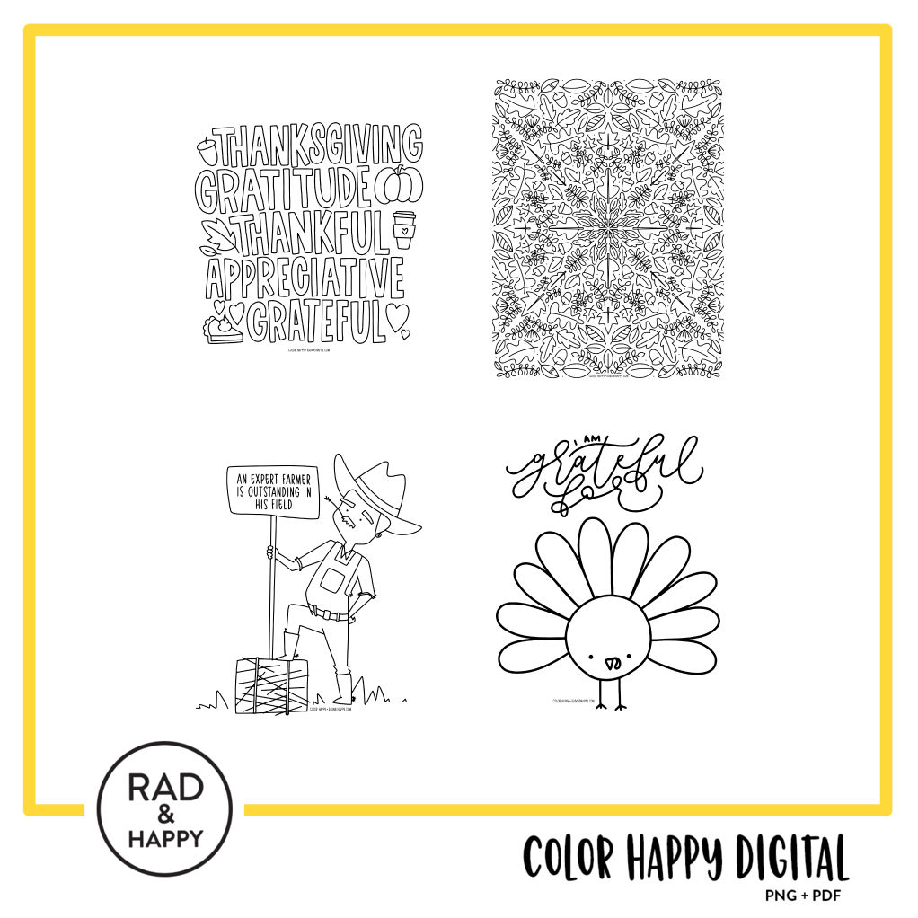 A digital collage of coloring pages with a yellow border