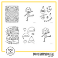 A digital collage of coloring pages with a yellow border