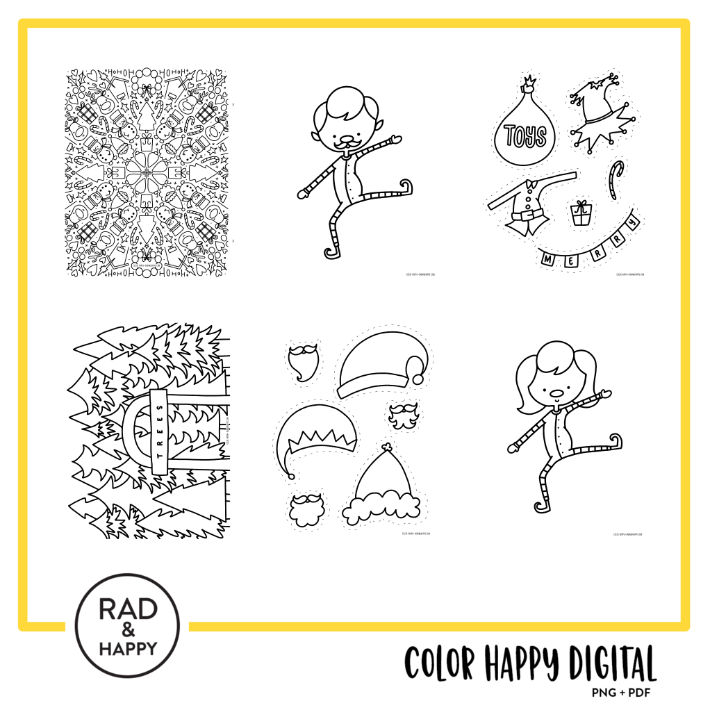 A digital collage of coloring pages with a yellow border