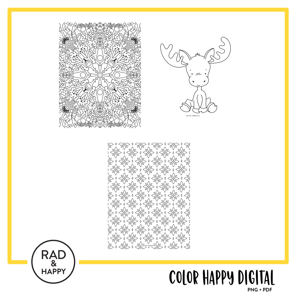 A digital collage of coloring pages with a yellow border