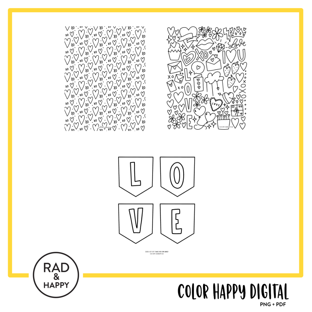 A digital collage of coloring pages with a yellow border