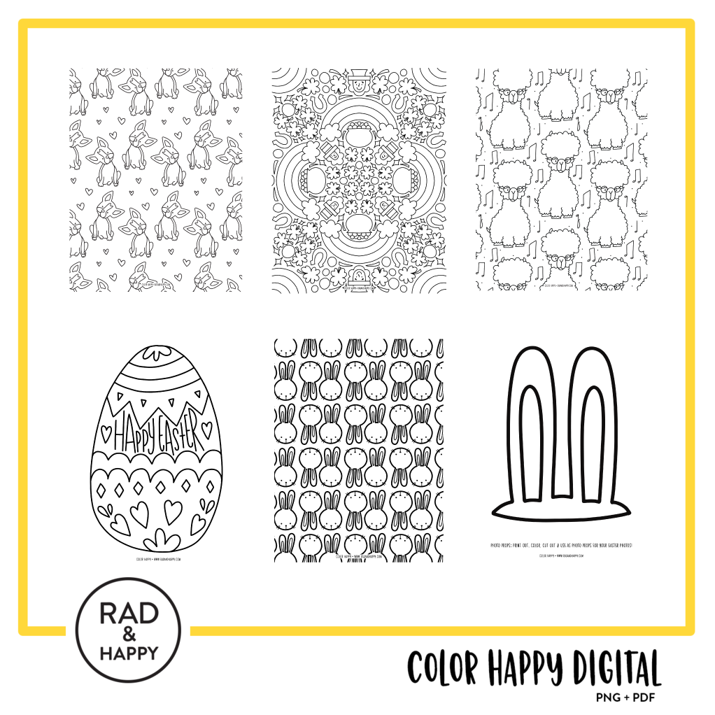 A digital collage of coloring pages with a yellow border