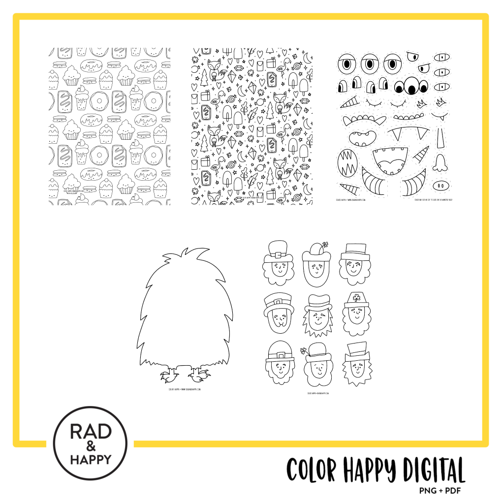 A digital collage of coloring pages with a yellow border