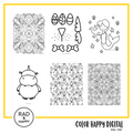 A digital collage of coloring pages with a yellow border