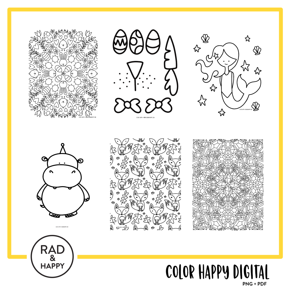 A digital collage of coloring pages with a yellow border