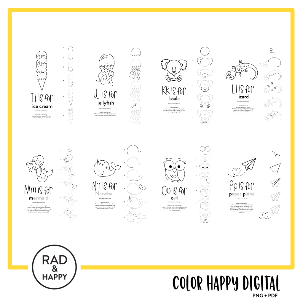 A digital collage of coloring pages with a yellow border