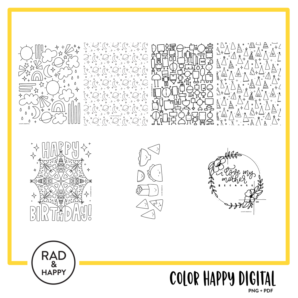 A digital collage of coloring pages with a yellow border