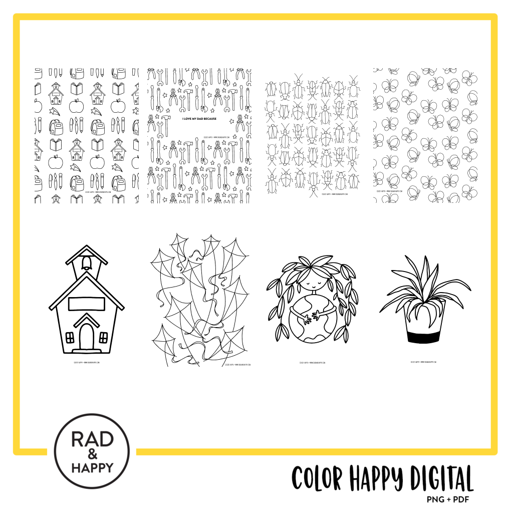 A digital collage of coloring pages with a yellow border