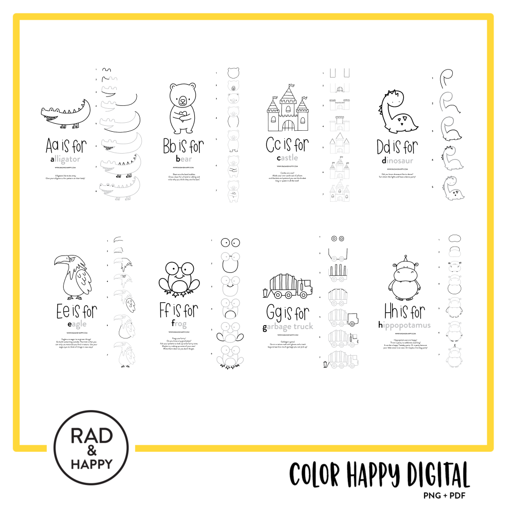 A digital collage of coloring pages with a yellow border