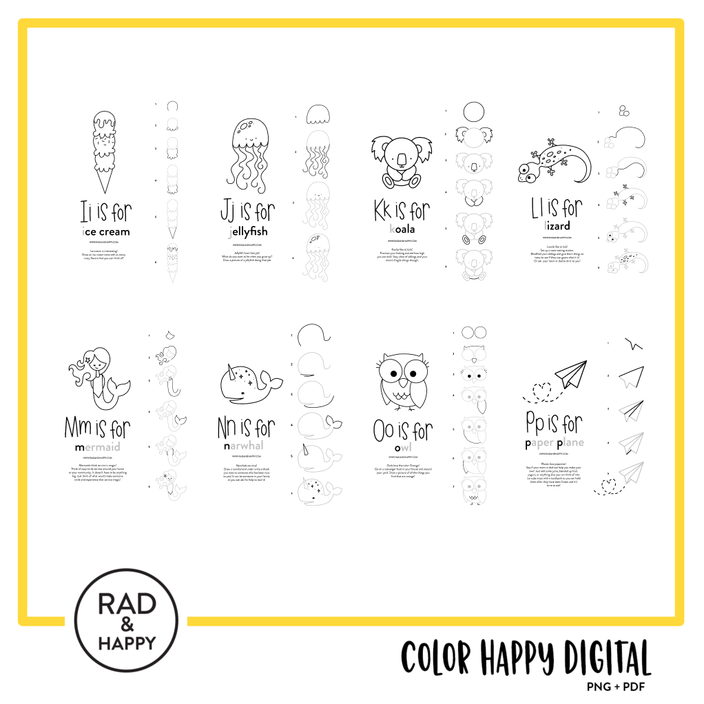 A digital collage of coloring pages with a yellow border