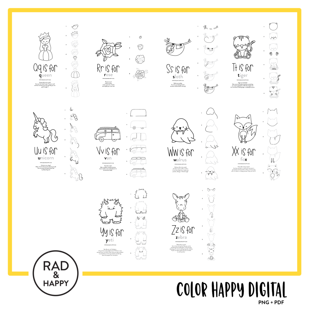 A digital collage of coloring pages with a yellow border