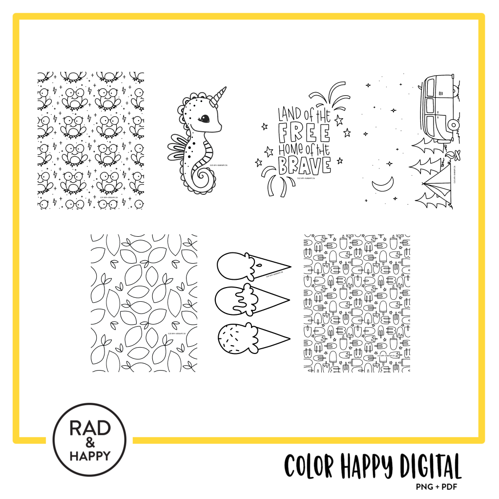 A digital collage of coloring pages with a yellow border